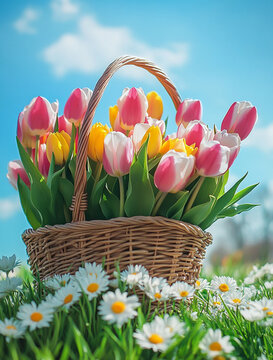 Fototapeta Basket of pink tulips surrounded by white daisies on green grass with a bright blue sky in the background, spring garden scene.