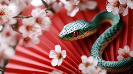 Fototapeta premium Green snake on red paper fans with cherry blossoms. Perfect for Chinese New Year, Lunar New Year, or other Asian celebrations. Large copy space.