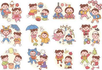 12か月男の子と女の子のイラストセット
