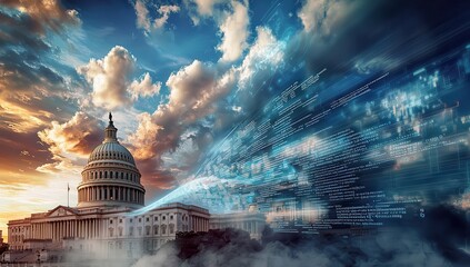 A wave of binary code flows smoothly over the United States Capitol, juxtaposed with digital clouds and business charts