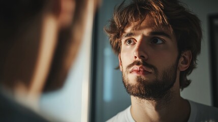 Young man gazing thoughtfully in mirror, reflecting on life choices and emotions