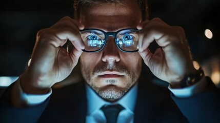 Obraz premium Intense Businessman Adjusts Glasses While Analyzing Data in Dimly Lit Office Setting