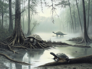 Fototapeta premium Verborgene Welt der Dinosaurier in nebelverhülltem Sumpf