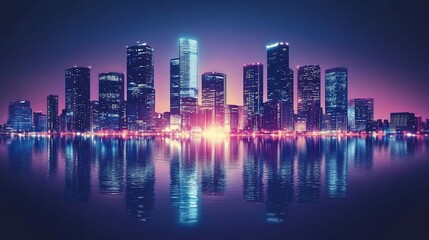 Fototapeta premium Vibrant city skyline at twilight, reflected in water, with colorful neon lights illuminating skyscrapers.