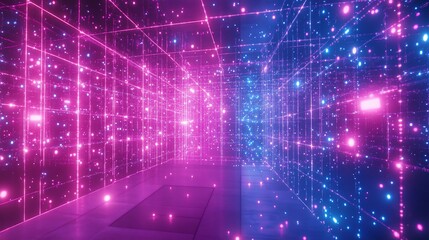 Obraz premium Futuristic neon pink and blue glowing grid tunnel, abstract digital network.