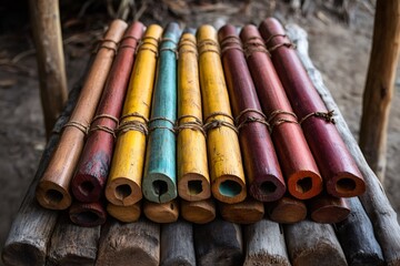 Colorful bamboo instruments resting on wooden surface