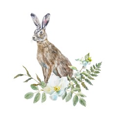Hare decorated with bouquet of white flower, fern, green leaves. Watercolor illustration isolated. Cards, invitations, Easter spring banners, posters.