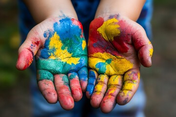 Child showing painted hands with bright colors after art class