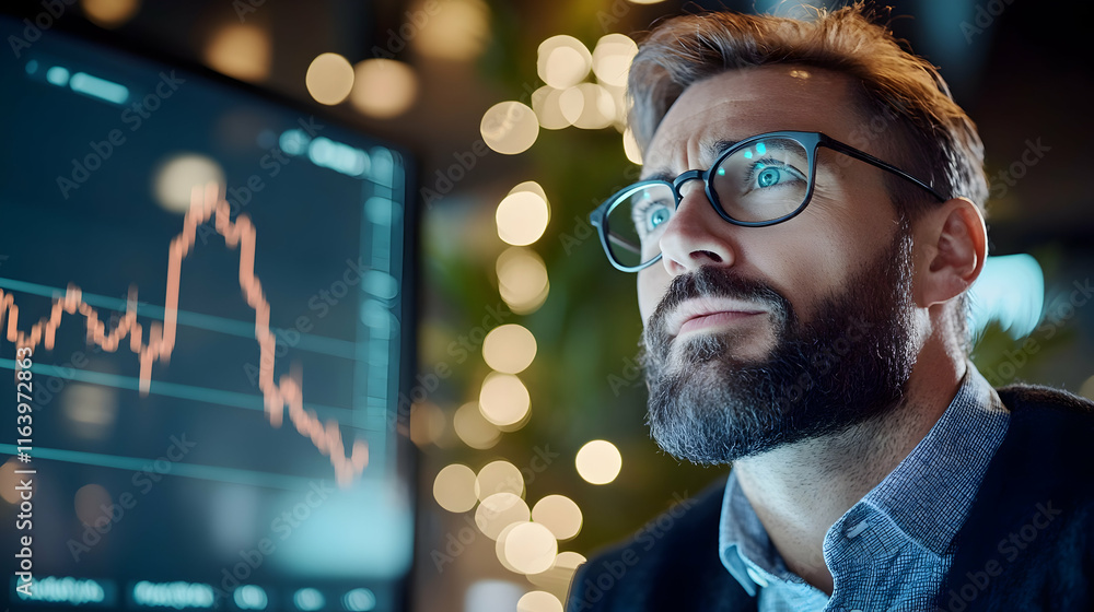 Poster thoughtful businessman analyzing financial data on computer screen.