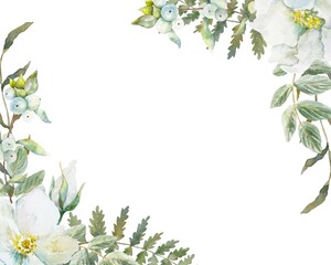 Fototapeta premium Floral spring frame with white rose hip flowers, green leaves, snowberry, fern. Watercolor illustration isolated. Cards, invitations, banners, labels.