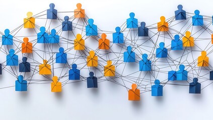 Bright blue, orange, and yellow paper figures linked by bold black strings, floating against a crisp white background, representing interconnected communities in a network