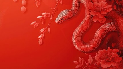 Obraz premium Chinese new year year of the Snake. Red Snake illustration and design. Red traditional Chinese vector designs with snakes. Lunar new year concept, geometric modern vector design. Copy sapce.