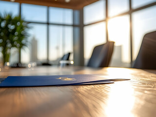 Blue folder on conference room table with city view.