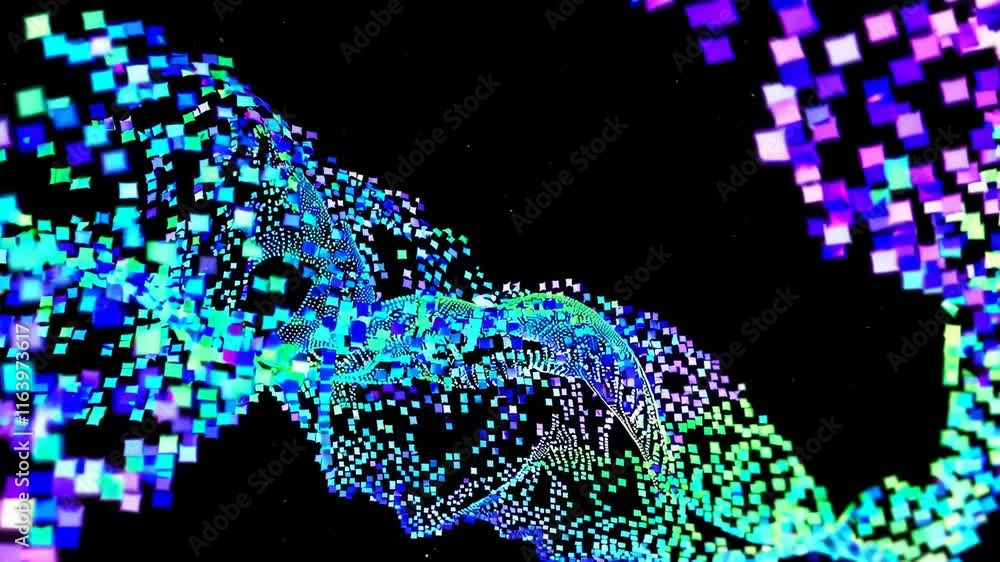 Poster abstract digital wave of glowing blue and purple squares. dynamic particle flow animation. modern te