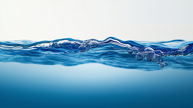 Blue water smooth line surface, side view ,See clearly through the opposite side ,on white background.	