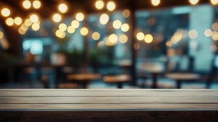 A wooden table stands empty, with a warm glow of lights softly blurred in the background ambiance.