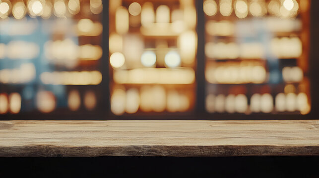 A close-up view of wooden shelves stacked with bottles, lights casting a gentle blur behind them.