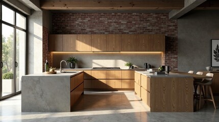 Modern Minimalist Kitchen Design with Warm Wood and Concrete Accents