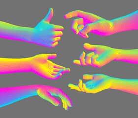 Set of hands showing different gestures. Thumbs up symbol. Hand show like or good. Extended hand open and ready to help. Human arm giving. 3D vector for brochure, poster, flyer, web or presentation.