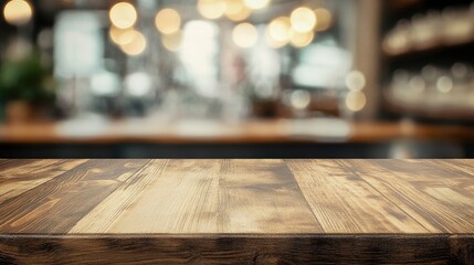 A smooth wooden table with a bustling blurred background, perfect for promotional content and displays.