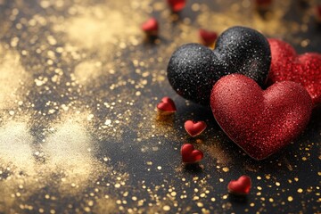 Red and black glitter hearts celebrating valentine's day on golden background