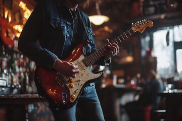 Musician playing electric guitar in cozy bar