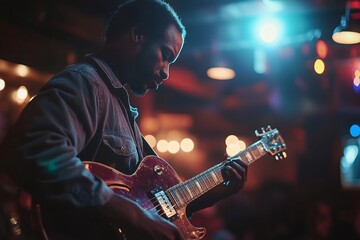 Obraz premium Musician playing electric guitar during live performance on stage