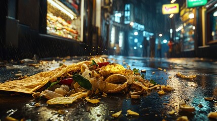 Urban Waste Spilling on Pavement Outside Grocery Store