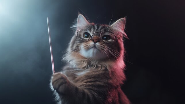Cute cat wearing glasses conducting with baton in dreamy spring theme