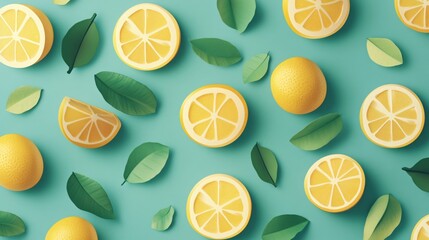 Fresh Yellow Lemons and Green Leaves on Teal Background for Creative Designs and Use