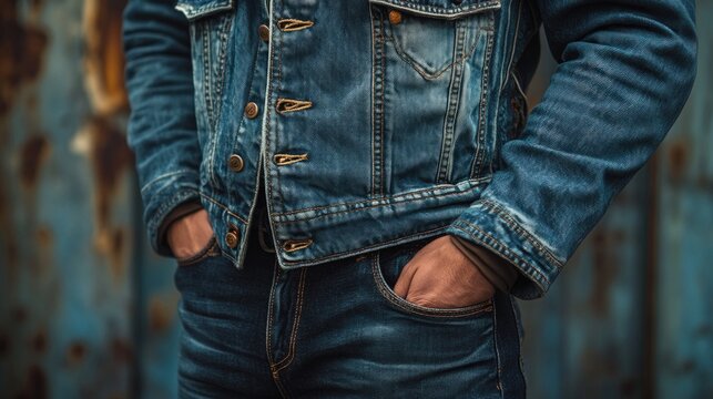 Here's a 10-word description: Man in denim jacket, hands in