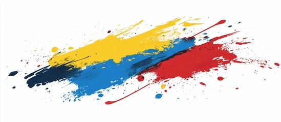 Abstract paint splatter design with yellow, blue, and red colors.