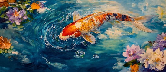 Koi fish in water with flowers.