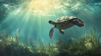 Obraz premium Sea turtle swimming underwater, sunbeams illuminating the scene, lush underwater flora.