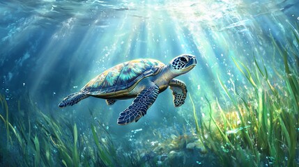Sea Turtle Swimming Underwater in Sunlight.