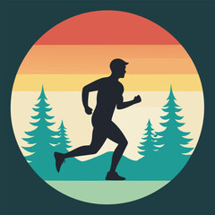 Retro Running Man Silhouette in Sunset Nature Scene