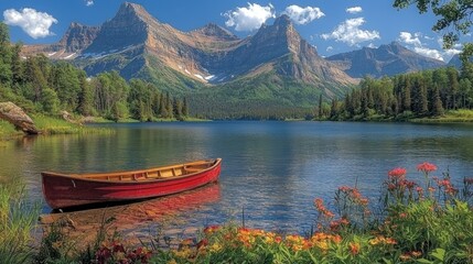 Obraz premium Scenic lake with mountains and a red boat in nature.