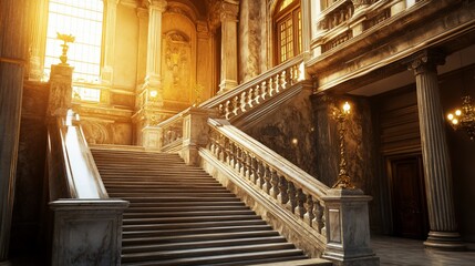 Obraz premium Grand marble staircase in a historic European palace. Sunlight streams through a window illuminating the ornate architecture.
