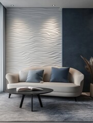 Modern living room interior design with wave wall paneling