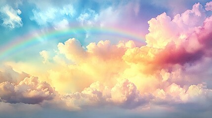 Pastel cloudscape, rainbow, dreamy sky.
