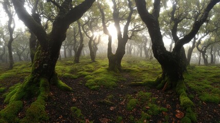 Fototapeta premium Enchanting morning in a foggy forest with ancient trees and lush moss