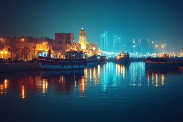 Fototapeta premium Dhows reflecting in the water at night in manama, bahrain