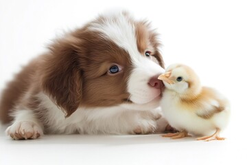 Obraz premium Border collie puppy kissing a chick on white background