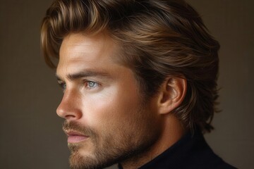 Fototapeta premium side profile of a man with a textured quiff hairstyle, showcasing the volume and natural flow, accentuated by soft lighting that highlights the stylish grooming details