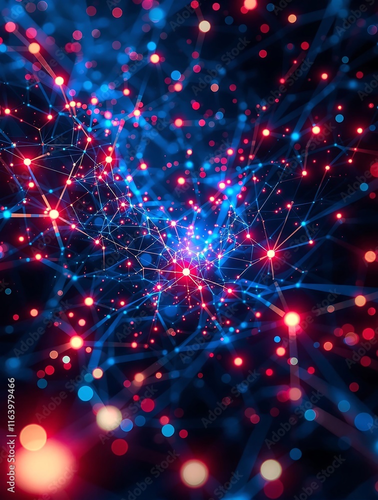 Poster futuristic big data visualization with high-tech particle network, illuminated information flow, and