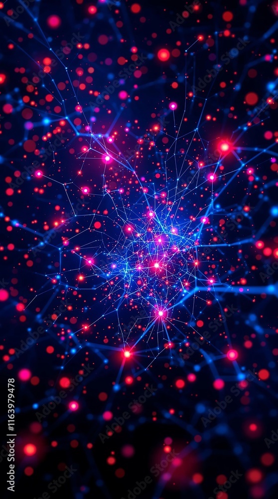 Poster futuristic big data visualization with high-tech particle network, illuminated information flow, and