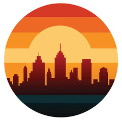Retro Cityscape Sunset Silhouette, Urban Skyline, Vintage Design