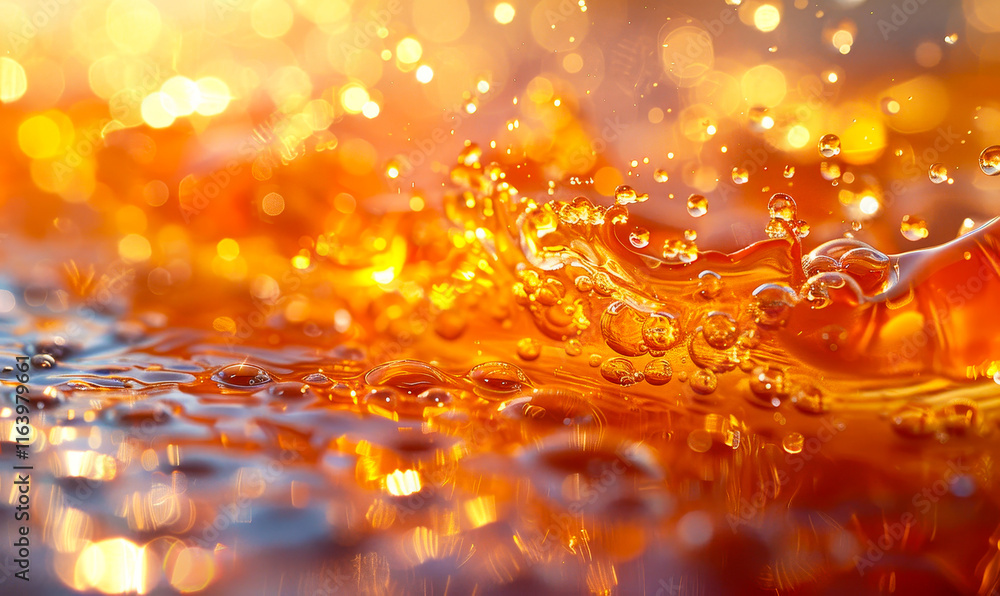 Poster vibrant abstract oil droplets on water surface with golden bokeh background - artistic fluid dynamic