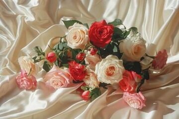 A beautiful arrangement of roses on a silky surface, showcasing their colors and elegance.