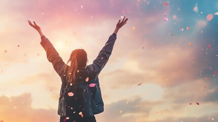 A young woman standing in a happy mood. Representing wonderful life, hope and positive future. The vibrant golden hues of the setting sun illuminate the scene.